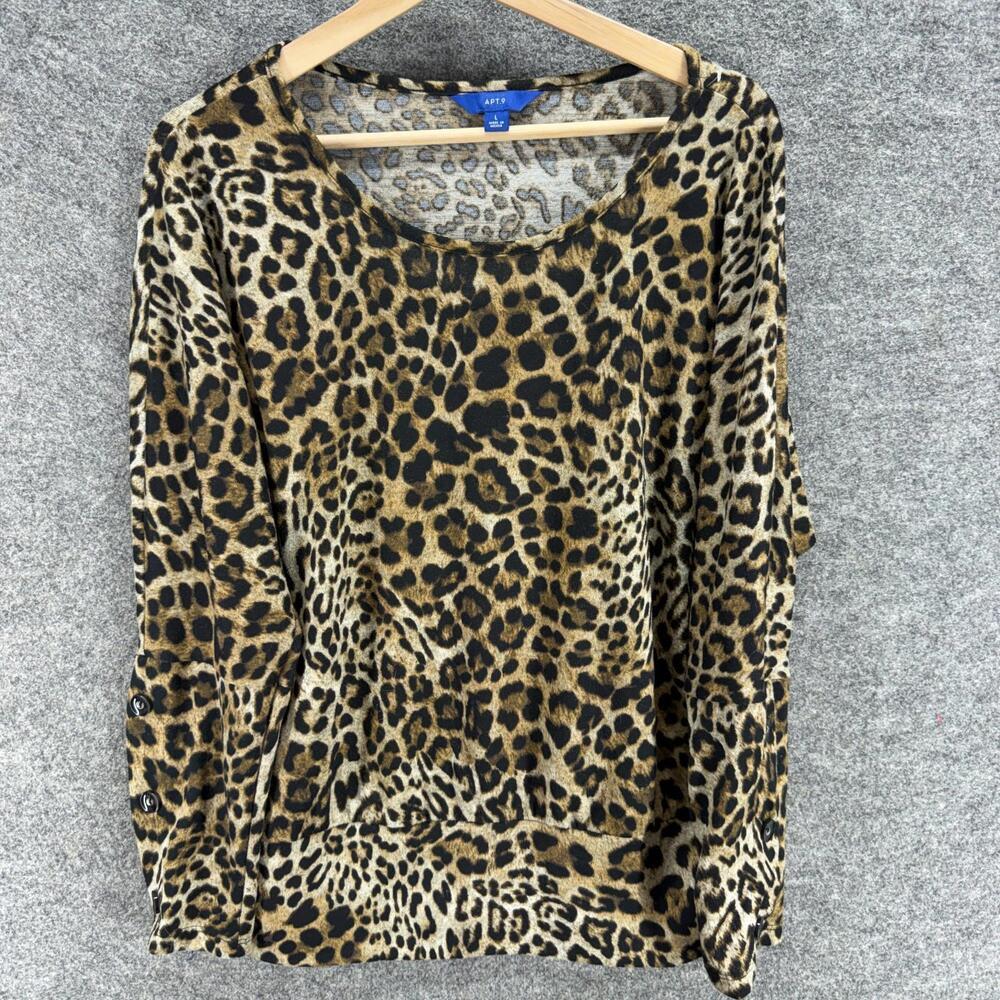 Apt. 9 T-Shirt Women L Large Brown Animal Print Long Sleeve Round Neck Casual